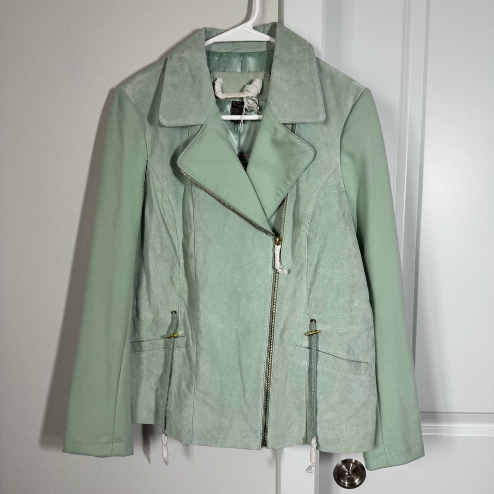 NWT Iman Mint Green Suede SoHo Jacket Size Small 100% Leather Shell Ponte Cinch